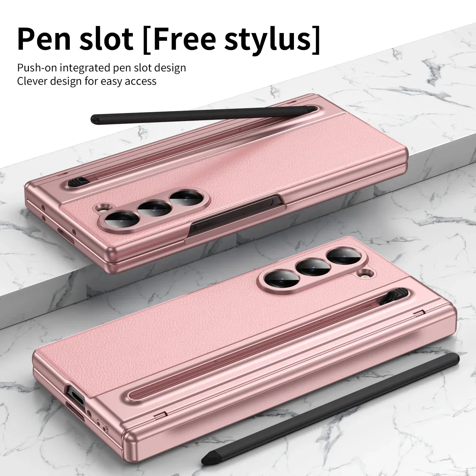 Color: Pink, Material: aluminum - With Touch Pen For Samsung Galaxy Z Fold 6 Slim 5 W25 5 4 3 Case Leather Plating Hinge 360 Full Screen Protector Folding Cover