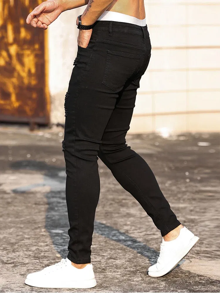 Color: Beige, Size: XL - Fashion Men's Street Ripped Jeans Pure Black Stretch Tight Small Foot Pencil Pants Boyfriend Club Clothing Denim Ropa Hombre