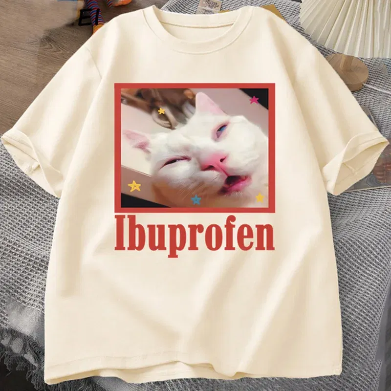 Color: Khaki, Size: XS?€old?‰ - Ibuprofen Cat Meme Tshirt Funny Cat Graphic Tee Cute Cat Lover Cotton T-Shirt Casual Funny T Shirts Unisex Oversized Tshirt Tee