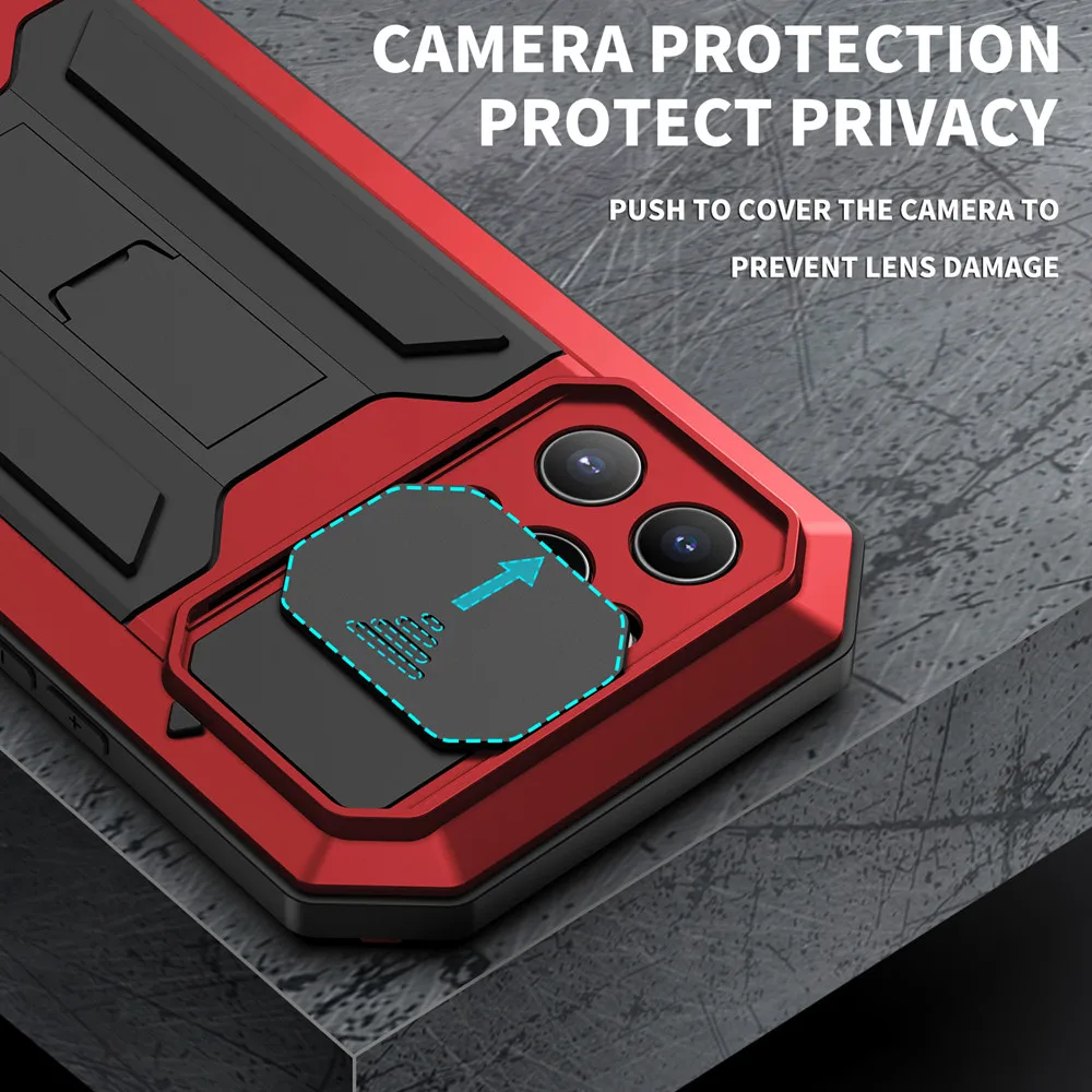 Color: Black, Material: EVA - Heavy Duty Metal Aluminum Case For iPhone 14 13 15 Pro Max Military Grade Shockproof Bumpers Armor Kickstand Camera Slider Cases