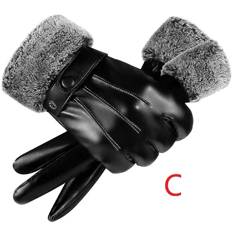 Color: GRAY - Winter Fashion Black PU Leather Gloves Male Thin Style Driving Leather Men Gloves Non-Slip Full Fingers Palm Touchscreen
