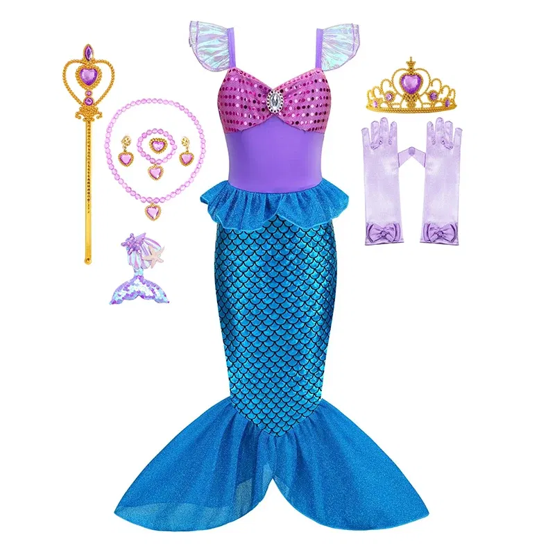 Color: Beige, Kid Size: 4T - Disney Little Mermaid Ariel Costumes for Girls Princess Dress Cosplay Halloween Carnival Kids Birthday Party Dress Up Clothing