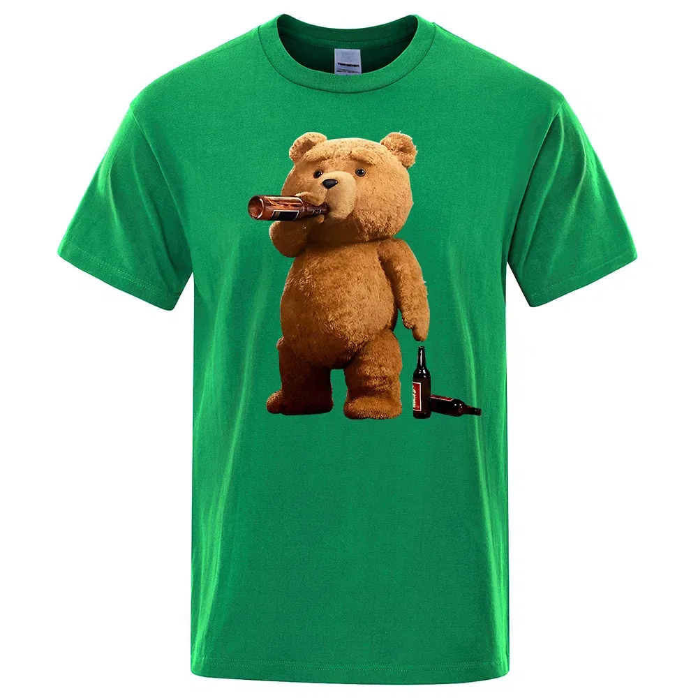Color: green, Size: S - Lovely Ted Bear Drink Beer Poster Funny Printed T-Shirt Men Fashion Casual Short Sleeves Loose Oversize Tee Street Hip Hop Tops