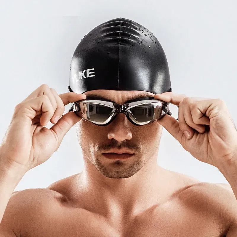 Color: Sky blue, Size: XXXL - Men Swimming Shorts Waterproof Competition Swim Equipment Goggles with Ear-plug Cap Case Trunks Briefs Swimwear Half Pants 2022
