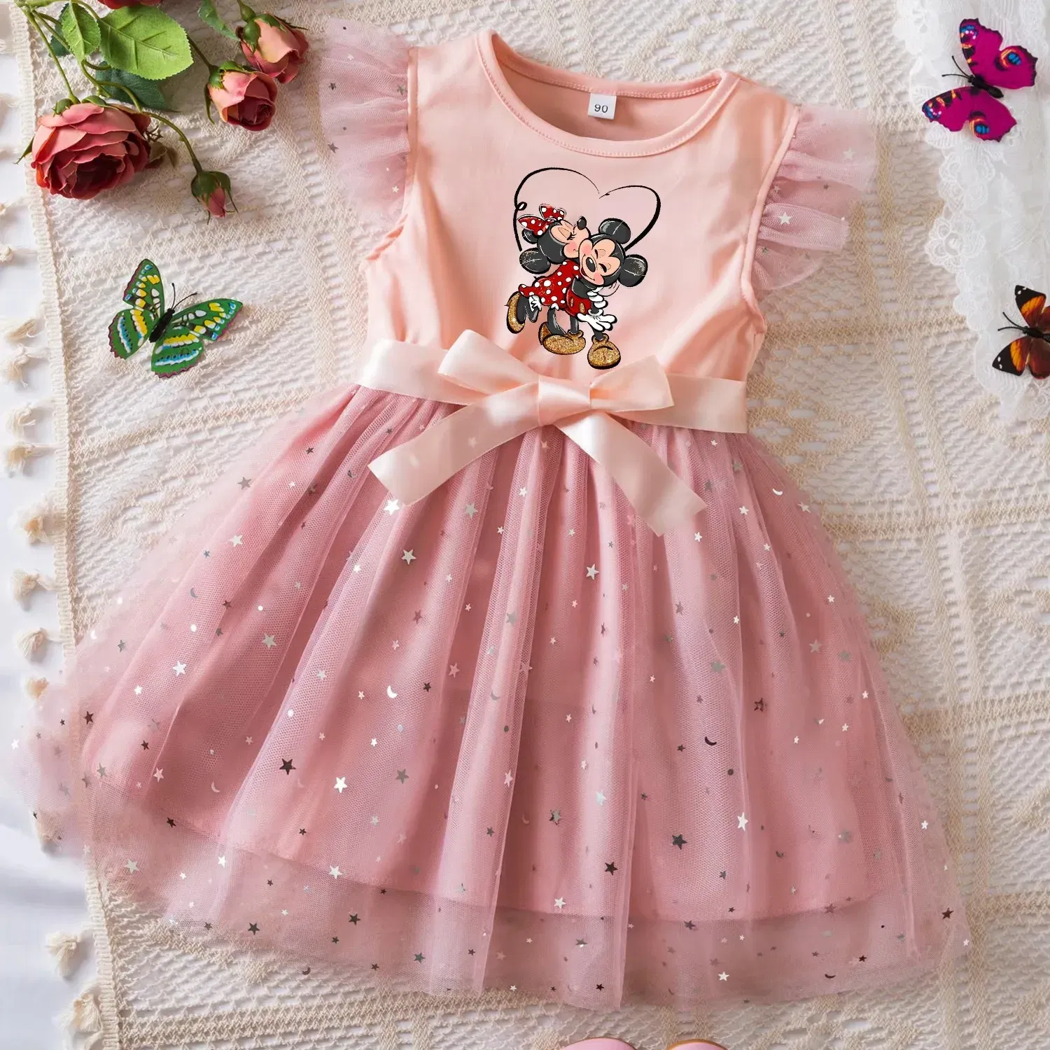 Color: army green, Size: S - Mickey Minnie Mouse Girls Summer Clothes Flying Sleeves Bow Sequin Dress 2-6Y Kid Birthday Tutu Princess Dress for Baby Girl