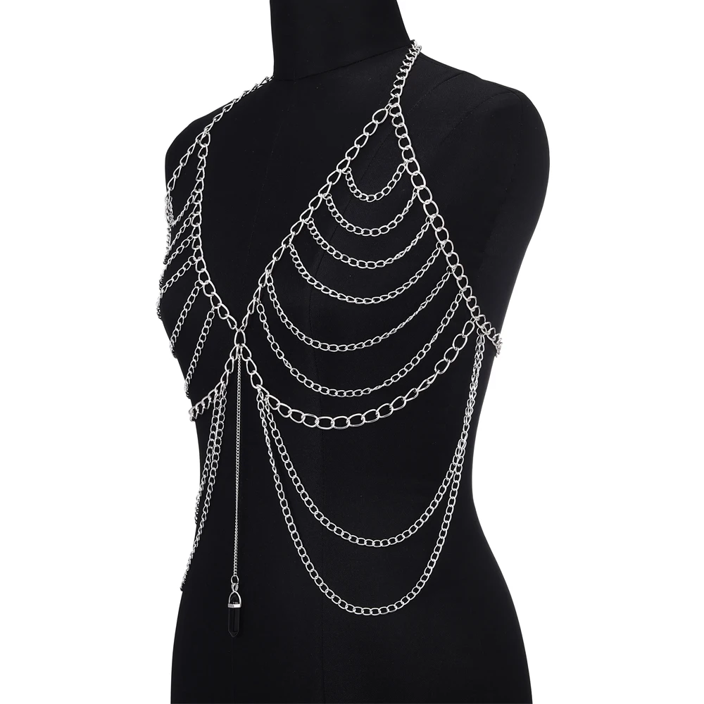 Metal color: Light Yellow Gold Color - Body Chain For Women Quartz Crystal Stone Chain Bra Metal Body Harness Top Sexy Accessories Jewelry