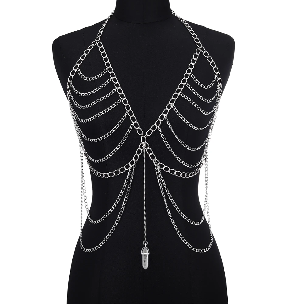 Metal color: Light Yellow Gold Color - Body Chain For Women Quartz Crystal Stone Chain Bra Metal Body Harness Top Sexy Accessories Jewelry