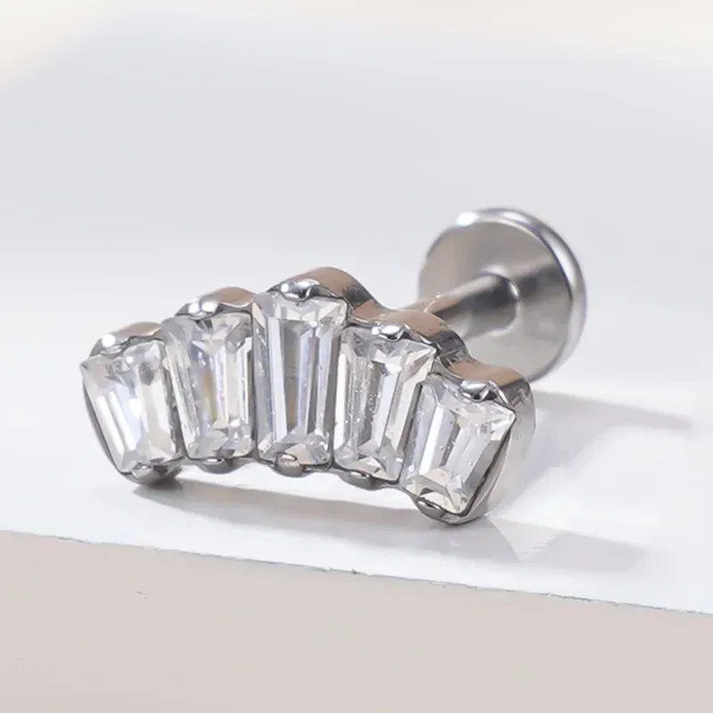 Metal color: Pink, Main Stone Color: WHITE, Ships From: CHINA - G23 Titanium Ear Studs 5 Oblong CZ Blaze Curve Top Threaded Labret PIERC Lip Stud Ear Cartilage Tragus Helix Piercing Jewelry