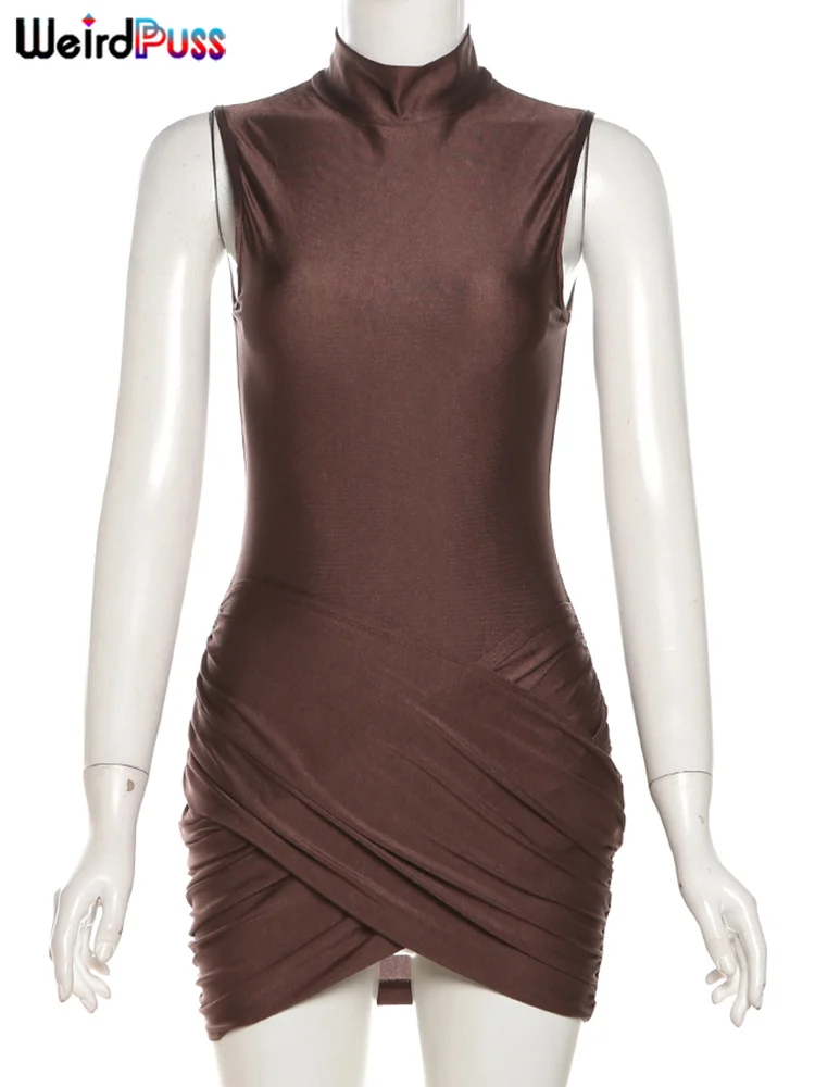 Color: Coffee, Size: M - Weird Puss Cross Ruffles Mini Dress Woman Summer Sexy Solid Half High Collar Sleeveless Trend Chic Party Clubwear Skinny Bodycon