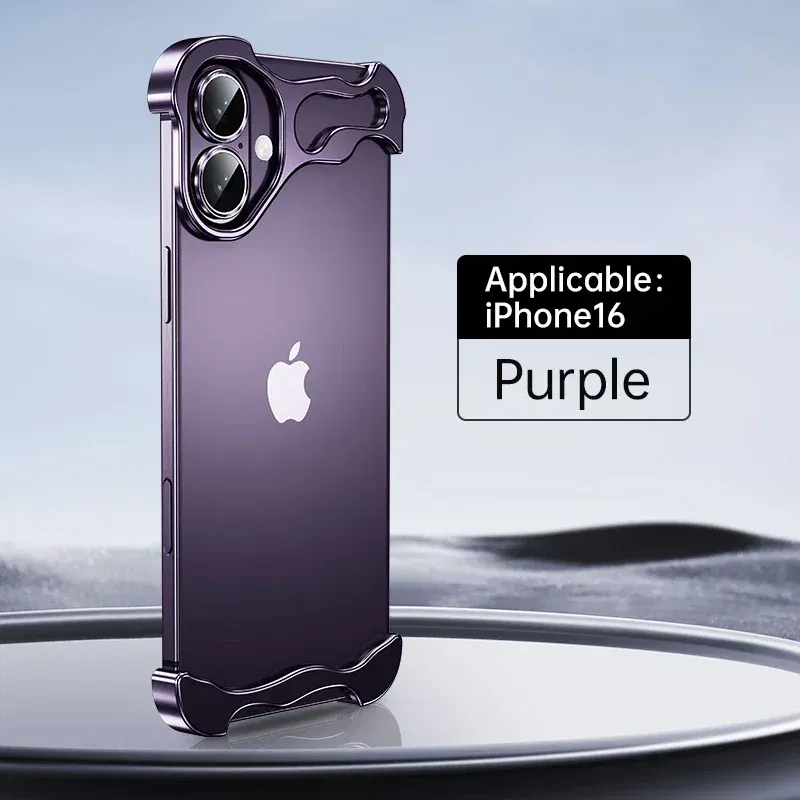 Color: black, Material: EVA - Aluminum Metal Rimless Phone Case for iPhone 16 15 14 Plus 13 12 Pro Max Lens Protective Film Hollow Logo Cooling Accessory Case