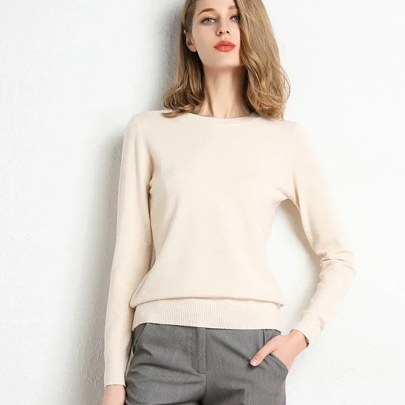 Color: Beige, Size: XL - Women Slim O-Neck Solid Pullover Cashmere Wool Blending Sweater Autumn And Winter Long-Sleeved Knit Bottoming Shirt Large Size