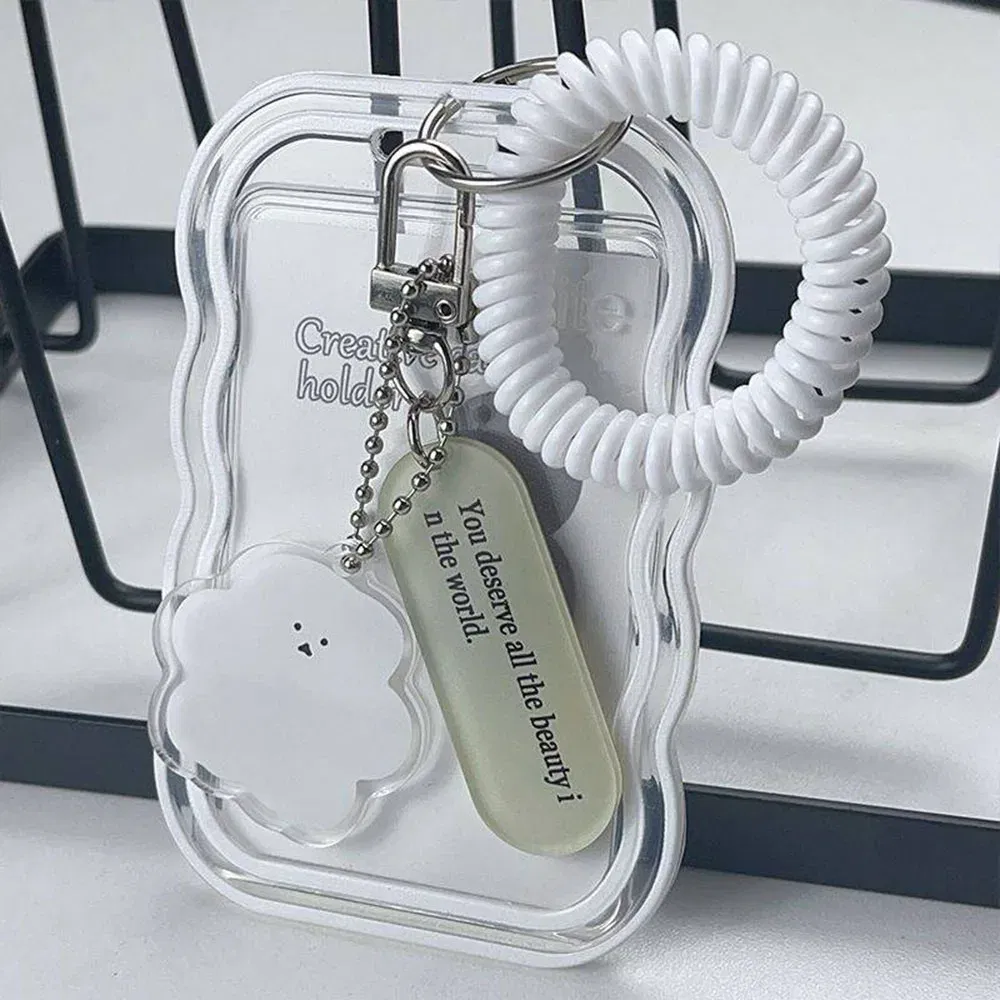 Color: green - INS Transparent Photocard Holder with Spring Keychain Idol Photo Protective Case 3 Inch Photo Card Holder Student ID Card Cover