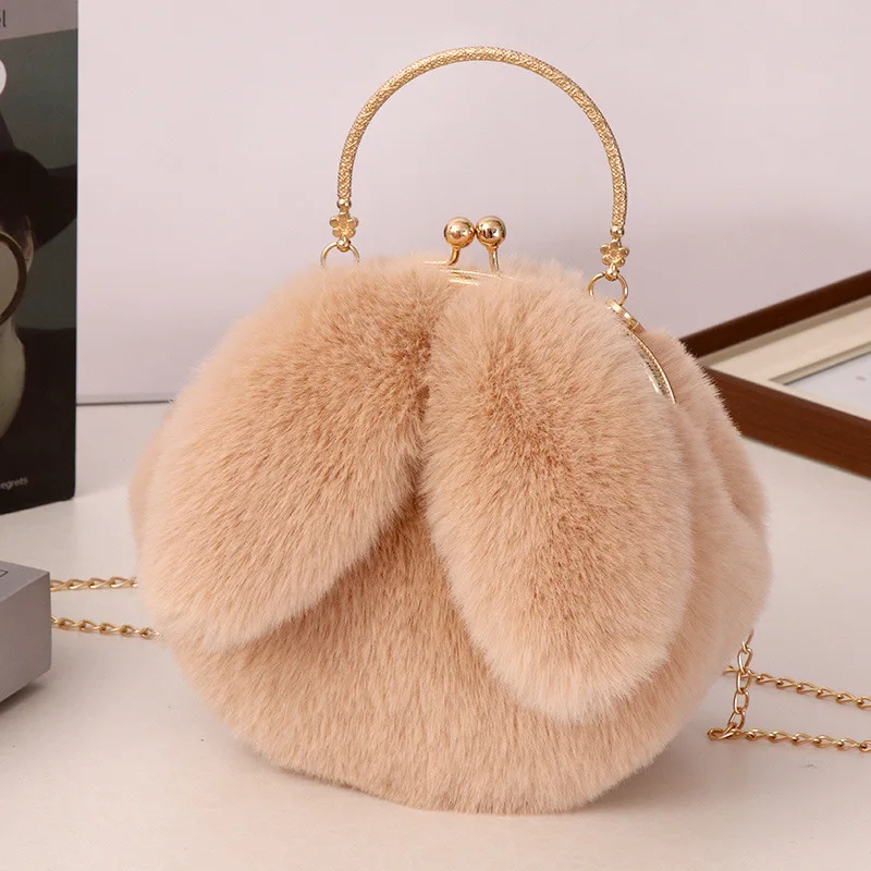 Color: black - Adorable Rabbit Ears Fluffy Crossbody Bag Women Stylish Chain Shoulder Handbag New