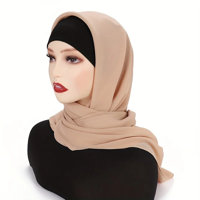 Color: PURPLE, Size: One Size - 110*110cm Chiffon Square Hijabs Scarf For Woman Muslim Turban Hat Islam Headscarf Women Plain Veil Jersey Hijabs Ramadan
