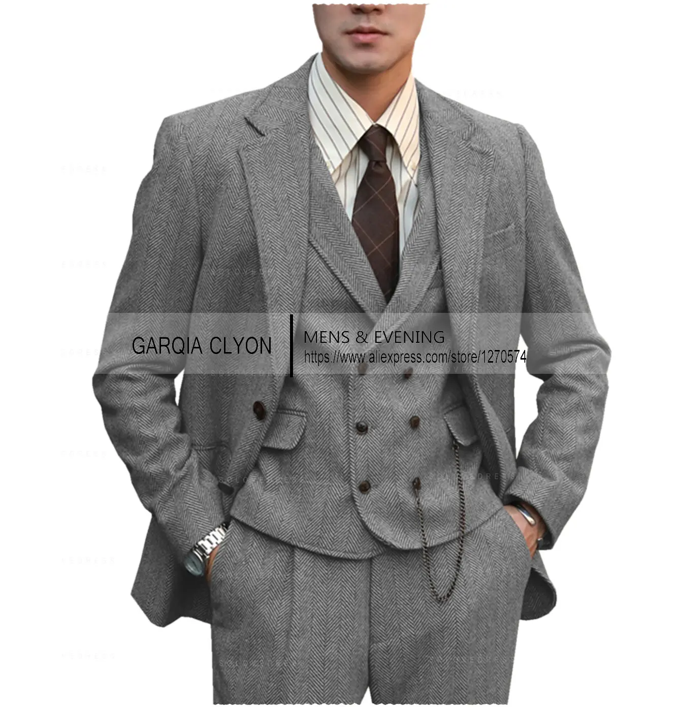 Color: Khaki, Size: L - Tweed Herringbone 3 Pieces Herringbone Men's Business Suits Single Breasted Slim Fit Groom  Formal Suits?€Blazer+vest+Pants?‰
