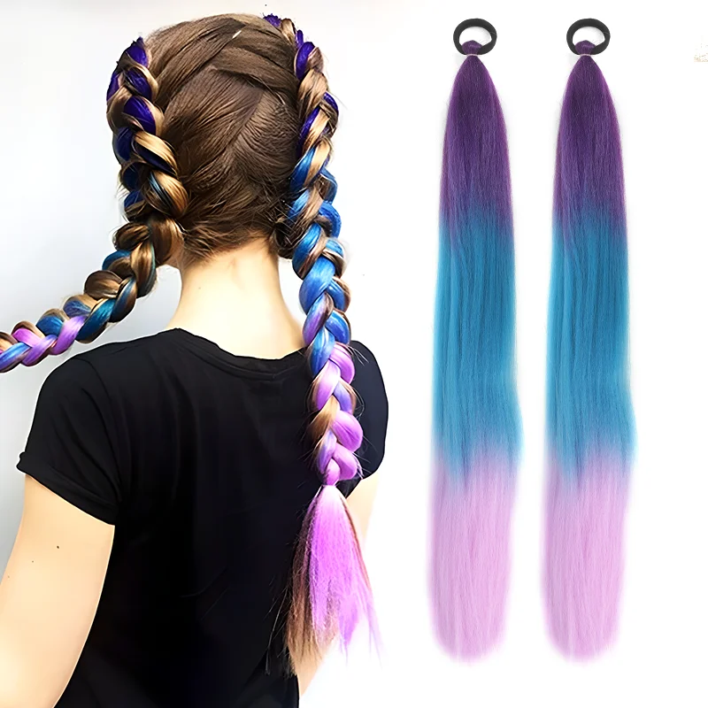 Color: P4/27, Stretched Length: 26inches - LUPU Synthetic Ponytail Extension with Elastic Tie Hair Band 26" Long Straight Colored Braiding Ponytail Ombre Pink Purple Blue