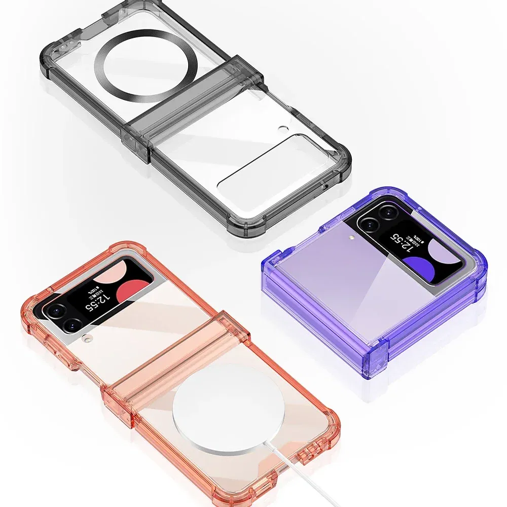 Color: Sky blue, Material: Aluminum - Colorful Transparent Folding Hinge For Samsung Galaxy Z Flip 4 3 Magsafe Magnetic Wireless Charging Case Shockproof Hard Cover