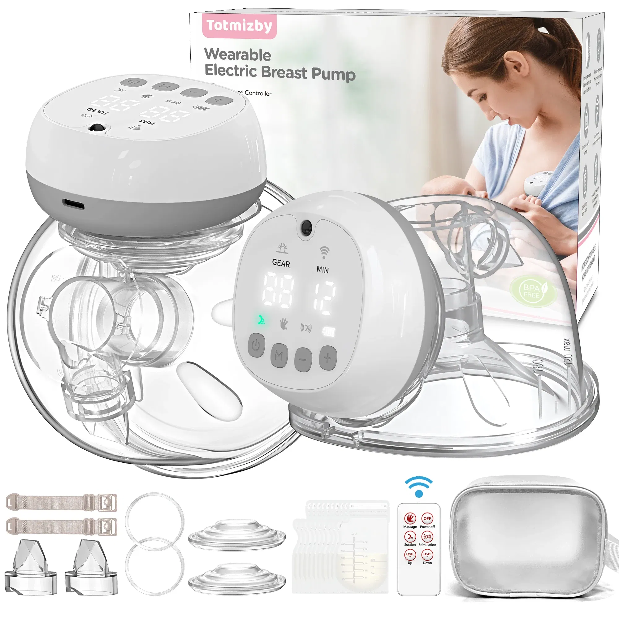 Color: WHITE - 1200mAh Wearable Breast Pump Portable Hands Free Breastpump 12 Levels 3 Modes Electric Remote Control Painless Breastfeeding