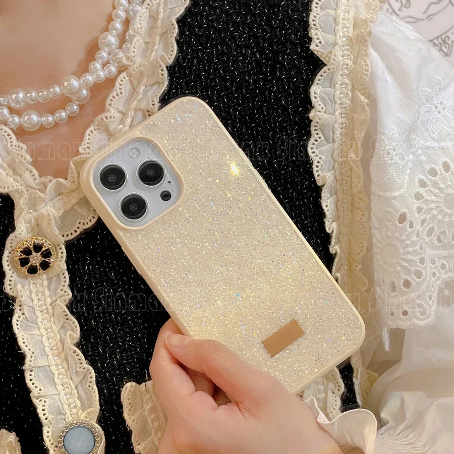 Color: Beige, Material: Nylon - Bling Glitter Phone Case For iPhone 16 15 14 13 12 Pro Max 11 Vogue Protective Soft Diamond Cover Coque Funda