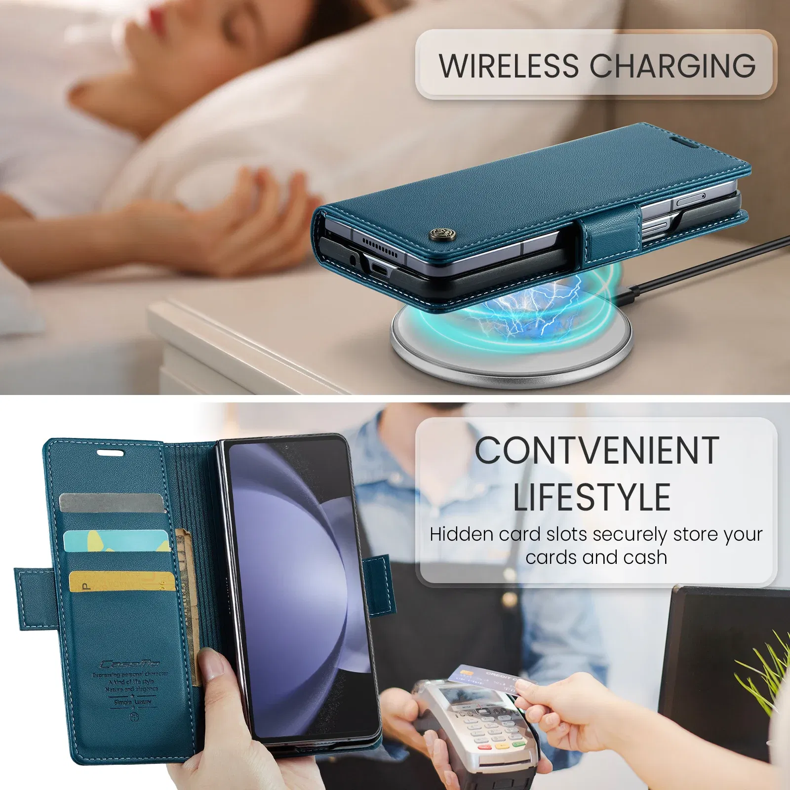 Material: Wood, Color: Brown - Business Style Folio Flip Leather Case for Samsung Z Fold 7 6 5 5G Fold7 Fold6 Magnetic Kickstand Card Holder Wallet Phone Cover