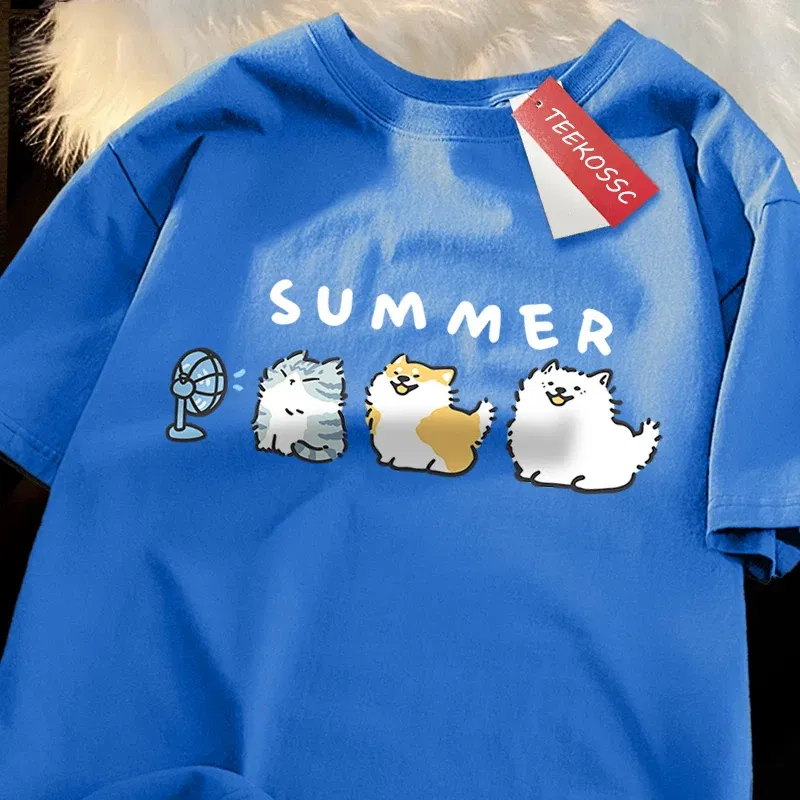 Color: army green, Size: XL - Cats And Dogs Blowing Fans Print T Shirts Men Women Cute Crewneck Clothes Loose Summer T-Shirts Fashion Cotton Short Sleeve