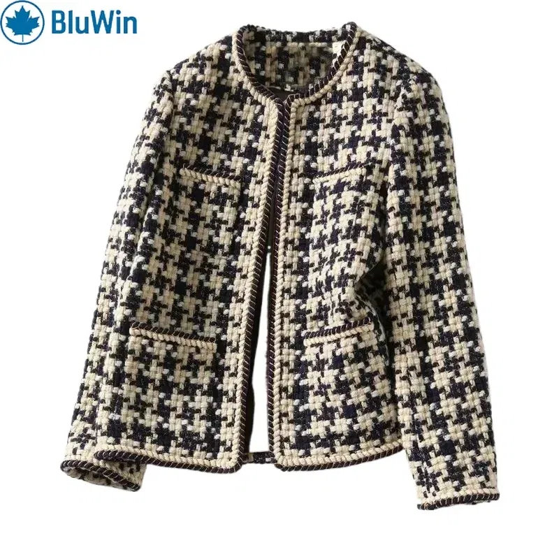 Color: black, Size: XXXL - URBANCHIC Classic Checkered Tweed Jacket ?“ Elegant Contrast Trim for a Timeless, Chic Look