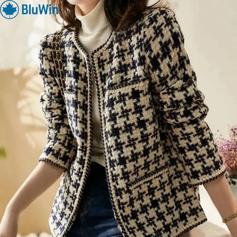 Color: black, Size: XXXL - URBANCHIC Classic Checkered Tweed Jacket ?“ Elegant Contrast Trim for a Timeless, Chic Look