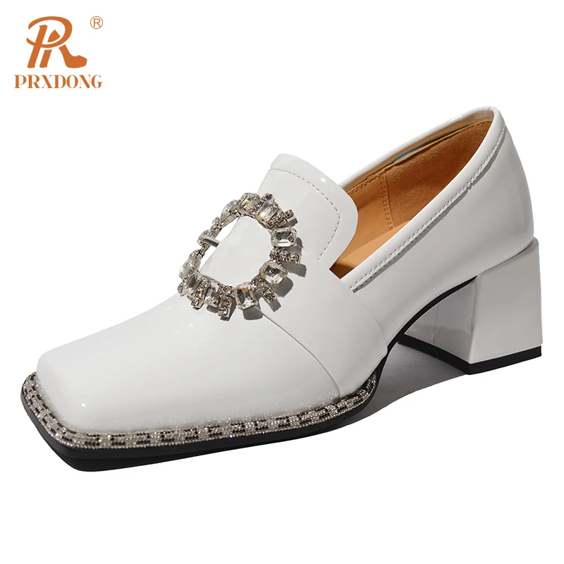 Color: Beige, Shoe Size: 38, Ships From: CHINA - PRXDONG New Arrivals Genuine Leather Spring Summer Women Pumps Square Med Heel Crystal Black White Dress Party Office Lady Shoes