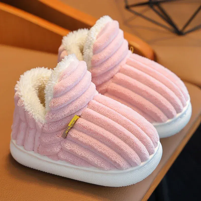 Color: Pink, Shoe Size: 2 - New Winter Concise Stripe Plush Slippers Children's Non-slip Soft Sole Kids Boys Girls Heel Wrap Warm High Home Cotton Shoes