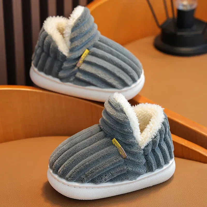 Color: Pink, Shoe Size: 2 - New Winter Concise Stripe Plush Slippers Children's Non-slip Soft Sole Kids Boys Girls Heel Wrap Warm High Home Cotton Shoes