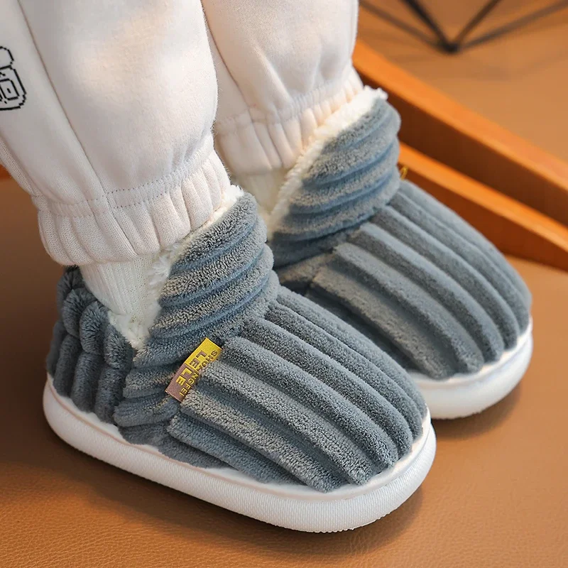 Color: Pink, Shoe Size: 2 - New Winter Concise Stripe Plush Slippers Children's Non-slip Soft Sole Kids Boys Girls Heel Wrap Warm High Home Cotton Shoes
