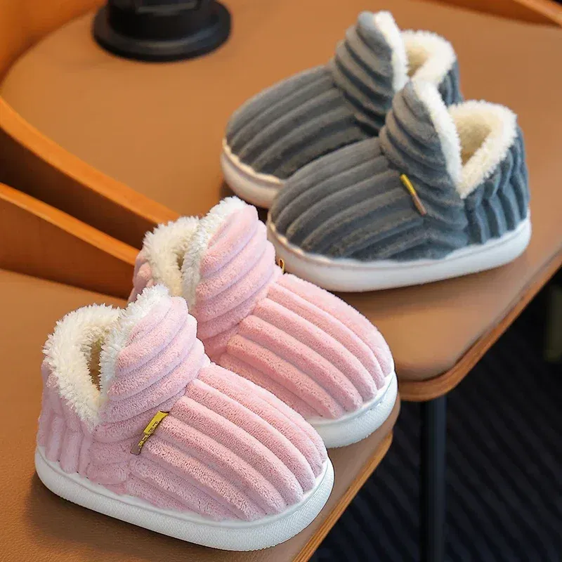 Color: Pink, Shoe Size: 2 - New Winter Concise Stripe Plush Slippers Children's Non-slip Soft Sole Kids Boys Girls Heel Wrap Warm High Home Cotton Shoes
