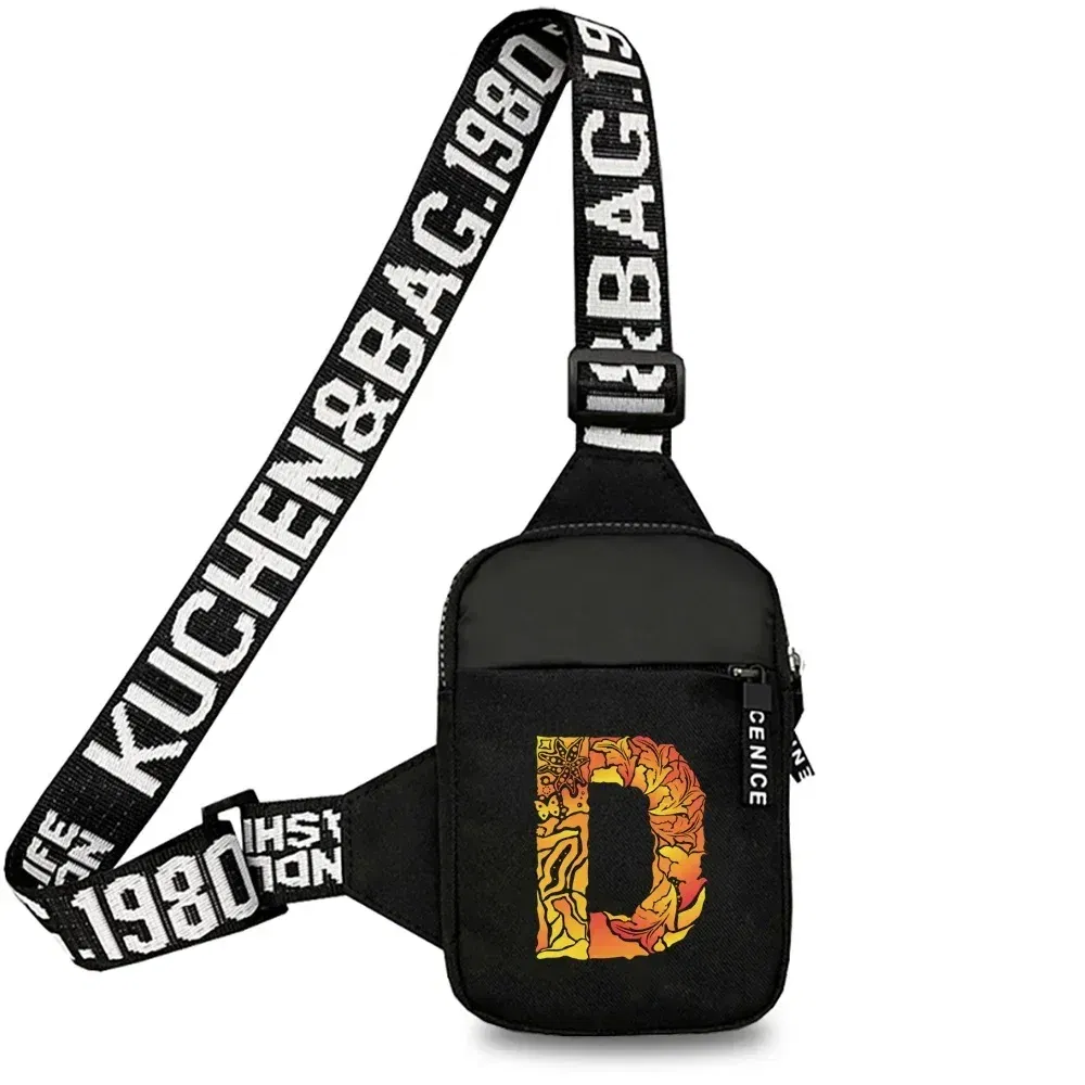 Color: Gold - Sports Chest Bag Men Small Mobile Phone Messenger Bags Waist Bags Multi-Function Carry-on Bag Engrave Image Initial Name Patter