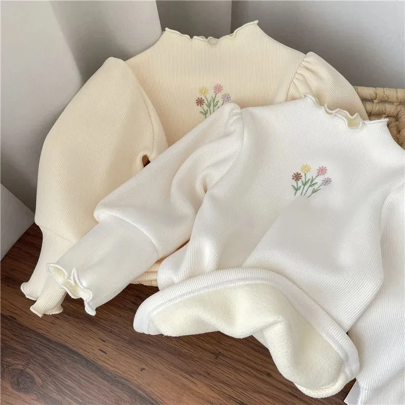 Color: black, Kid Size: 10 - Baby Girls Top Winter Kids Warm Thickening Sweater Children Puff Sleeve Flower Embroidery Bottom Shirt 1-6 Years Casual Clothing