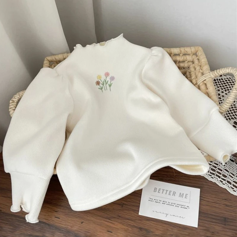 Color: black, Kid Size: 10 - Baby Girls Top Winter Kids Warm Thickening Sweater Children Puff Sleeve Flower Embroidery Bottom Shirt 1-6 Years Casual Clothing