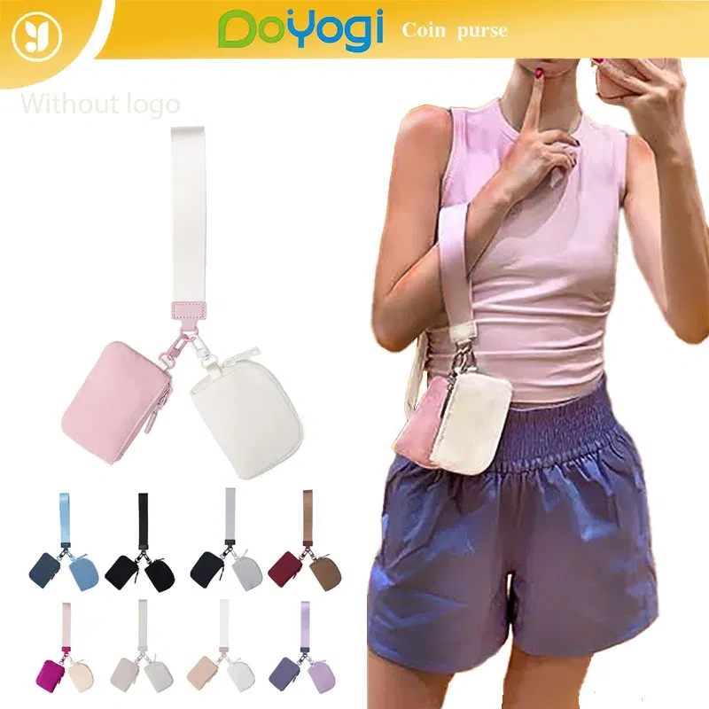 Color: GRAY - Mini Dual Coin Pouch Solid Color Wristlet Keychain Wallet Change Pocket Handbag lulu Coin Purse Women Portable  Key Card Holder