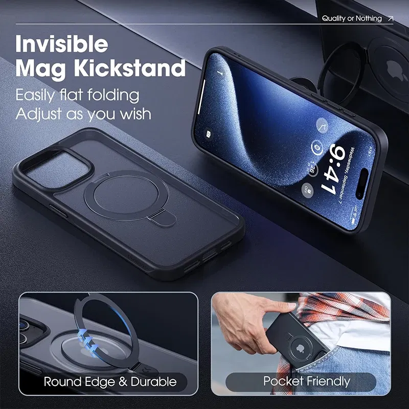 Color: Beige, Material: leather - Magnetic Phone Case with Ring Stand for Wireless Charging iPhone 15 Pro Max 14 Plus 13 12 11 Translucent Cases Matte Slim Cov