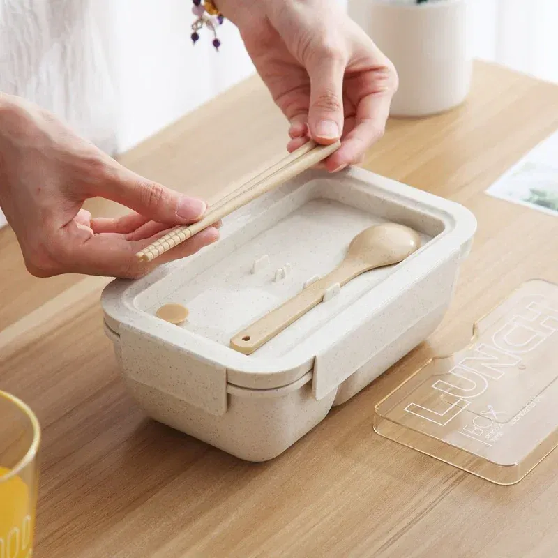 Color: WHITE - 850/1100ML wheat straw lunch box bento box Microwave oven Students with lid canteen simple lunch box rectangular portable