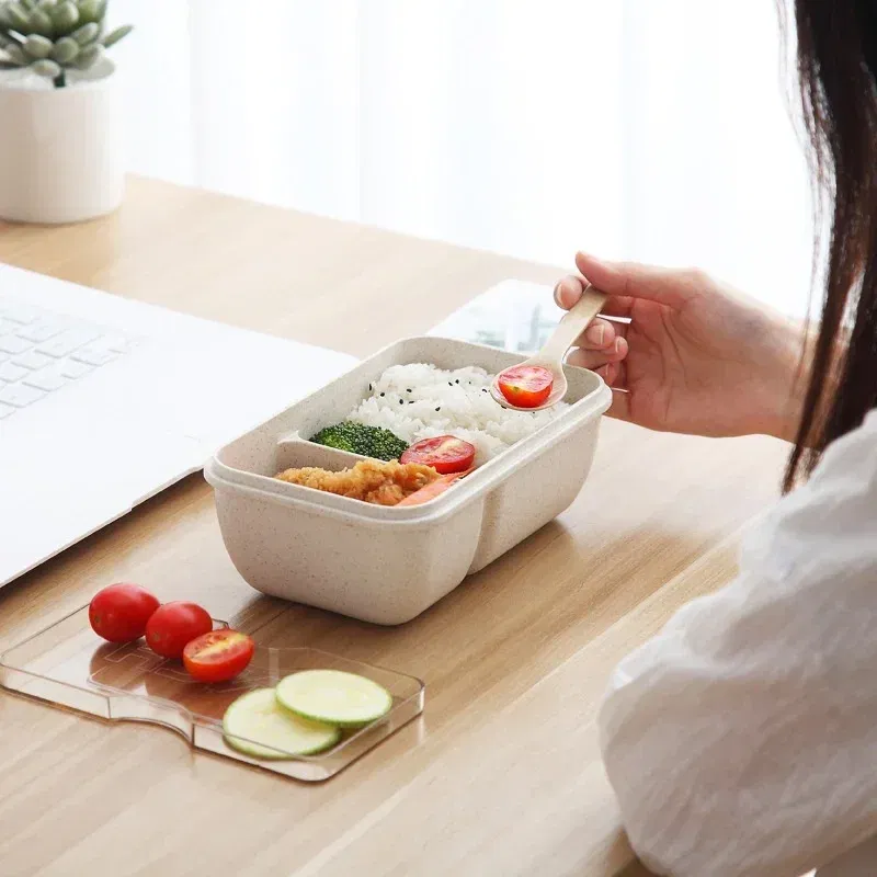 Color: WHITE - 850/1100ML wheat straw lunch box bento box Microwave oven Students with lid canteen simple lunch box rectangular portable