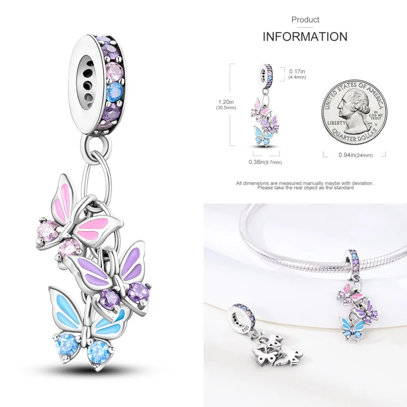 Color: green - Pink Series Charms 925 Silver Perfume Butterfly Charm Beads Pendent Dangle Fit Original Pandora Charm Bracelet DIY Women Jewelr