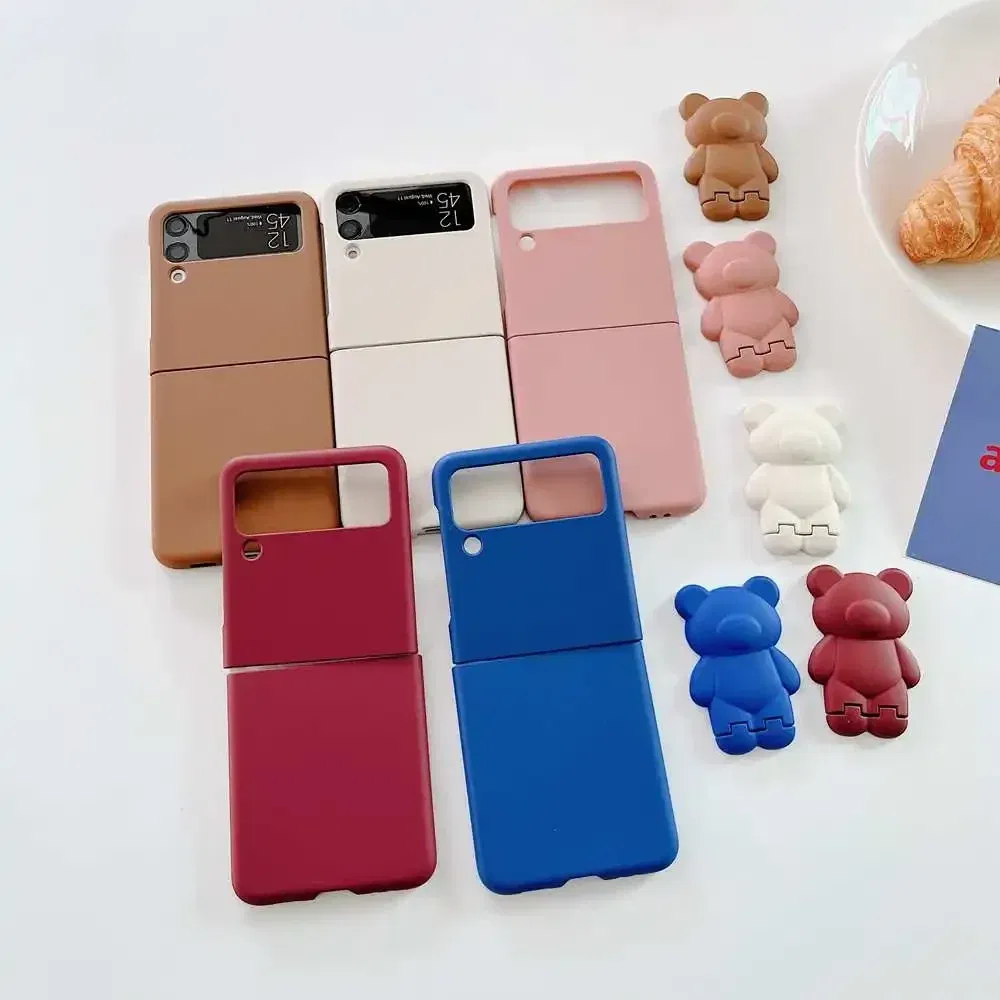 Color: Yellow, Material: Canvas - 3D Bear Bracket Kickstand Cute Case For Samsung Galaxy Z Flip 5 4 3 Hard Phone Case For Samsung Z Flip 3 4 Flip5 ZFlip4 Cover