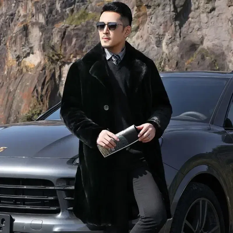 Color: Beige, Size: 4XL - Parker Men's Imitation Fur Liner Winter Warm New Fur One-piece Coat Imitation Mink Fleece Mid-length Fur Coat