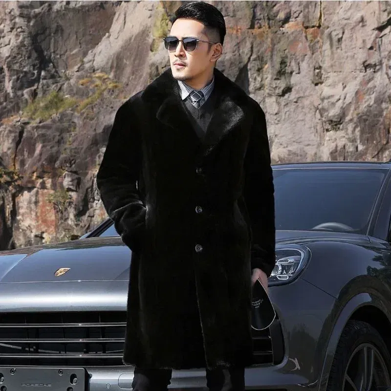 Color: Beige, Size: 4XL - Parker Men's Imitation Fur Liner Winter Warm New Fur One-piece Coat Imitation Mink Fleece Mid-length Fur Coat