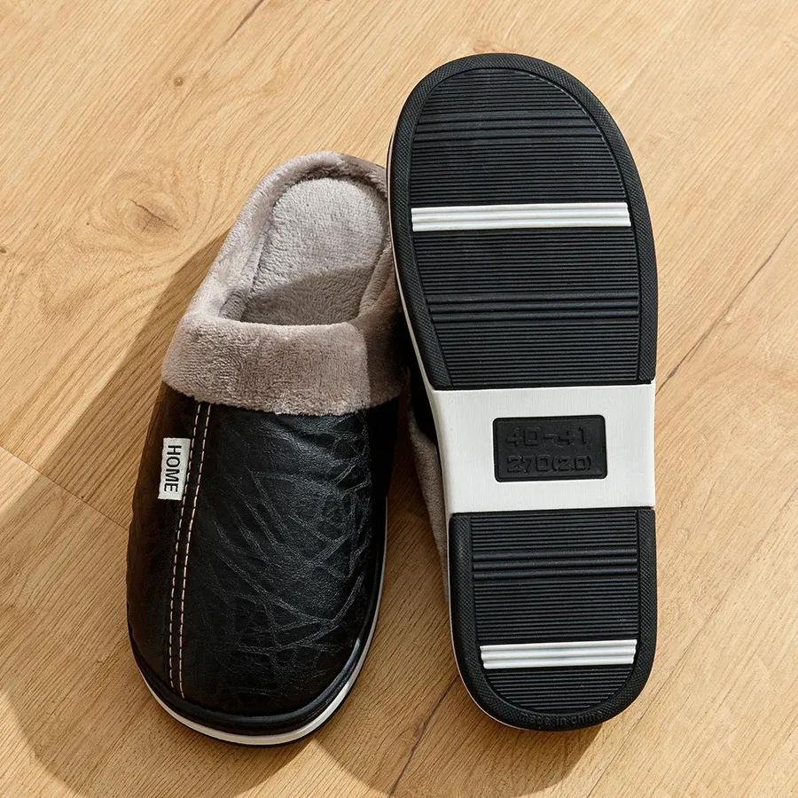 Shoe Size: 12, Color: Blue - Big Size Winter Casual Men's Slippers Indoor Waterproof PU Leather Home Shoes Fur Flat Warm Fashion Bedroom Houseshoes