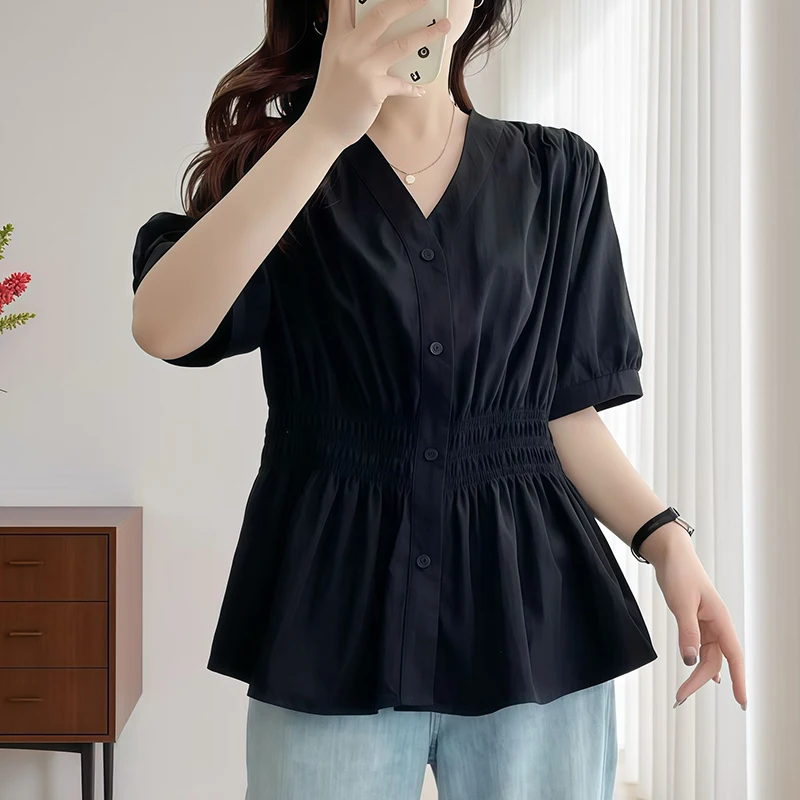 Color: Silver#, Size: 2XL - 200 Pounds Plus Size Elastic Waist Summer Shirt And Blouse Short Sleeve Solid Top Women's New In Clothes Simple V-neck French