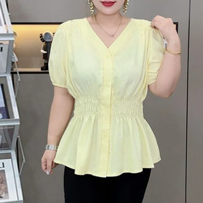 Color: Silver#, Size: 2XL - 200 Pounds Plus Size Elastic Waist Summer Shirt And Blouse Short Sleeve Solid Top Women's New In Clothes Simple V-neck French