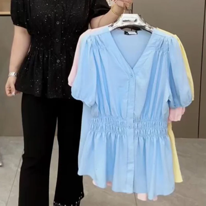 Color: Silver#, Size: 2XL - 200 Pounds Plus Size Elastic Waist Summer Shirt And Blouse Short Sleeve Solid Top Women's New In Clothes Simple V-neck French