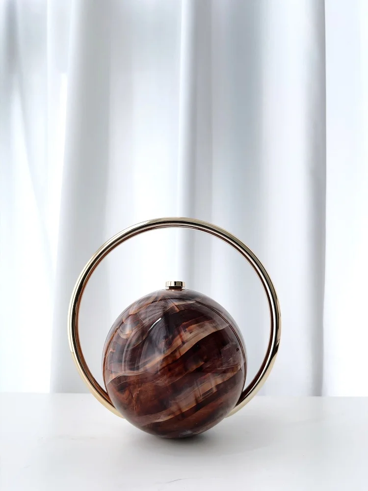 Color: Pink - 2025 New Marble Pattern Spherical Banquet Bag for Women Trendy Electroplated Handle PVC Handbags Lady Mini Purse Evening Clutch