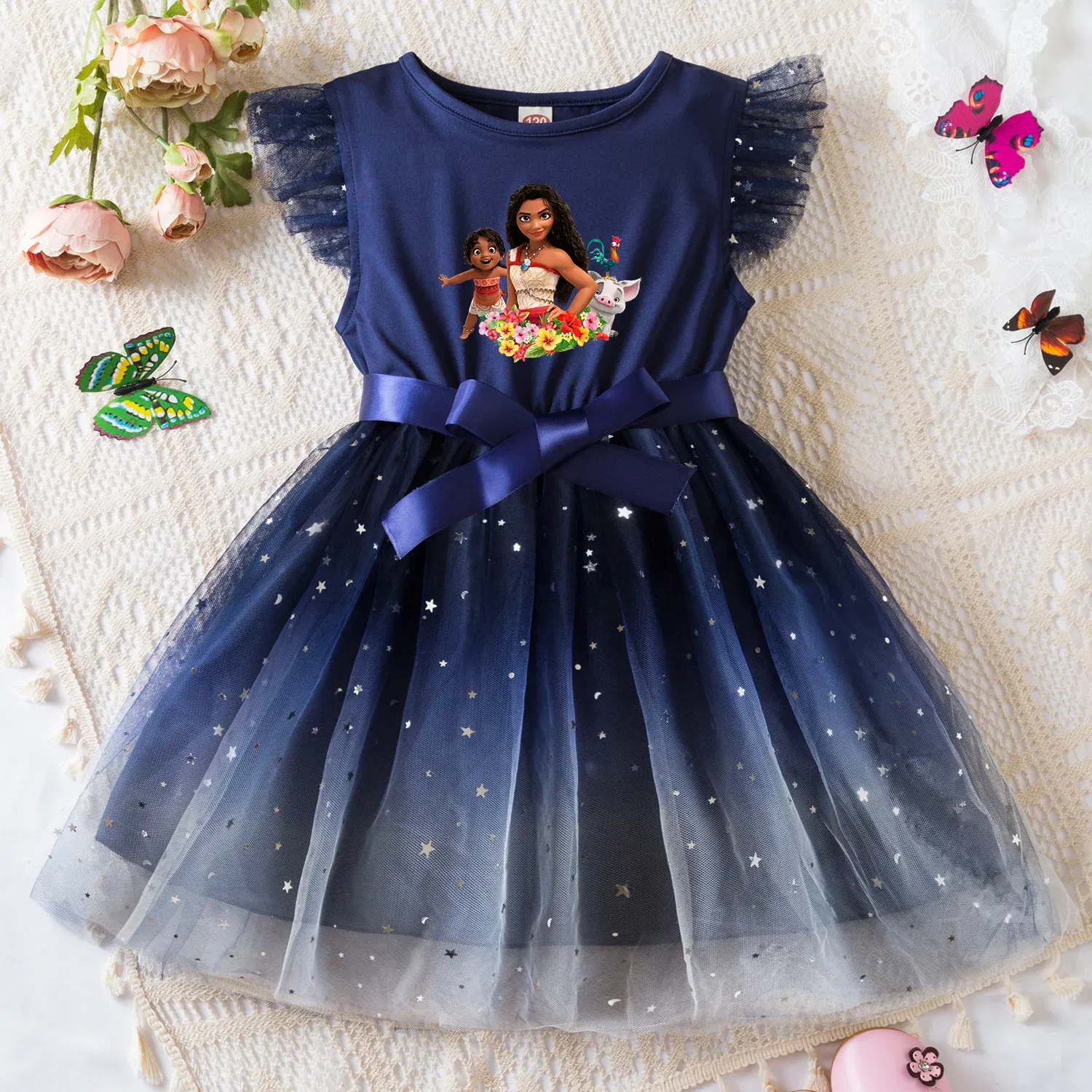Color: Gold, Size: L - Moana Summer Toddler Girl Dress Princess Star Baby Girls Clothes Tulle Tutu Dress for Children Party Dress 2-6Y
