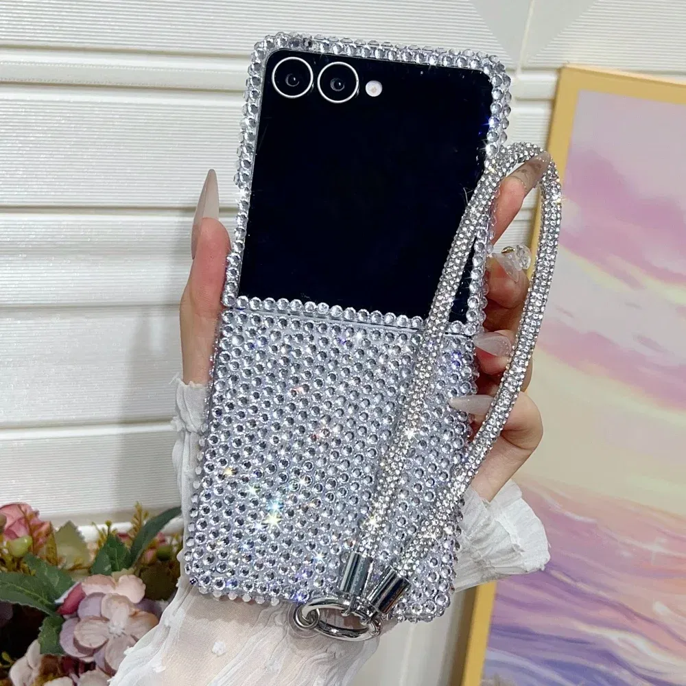 Color: Beige, Material: CANVAS - Full Shiny Diamonds Cover Funda For Samsung Galaxy Z Flip 7 Wrist Strap Case For Samsung z flip 6 zflip5 zflip4 3 Luxury Case